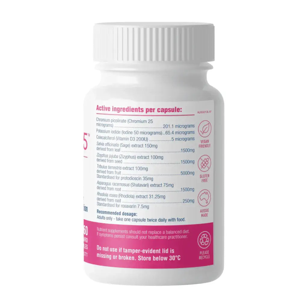 Seipel Health Femme 365 female hormone supplement bottle with label showing product name and dosage, white bottle with orange cap.