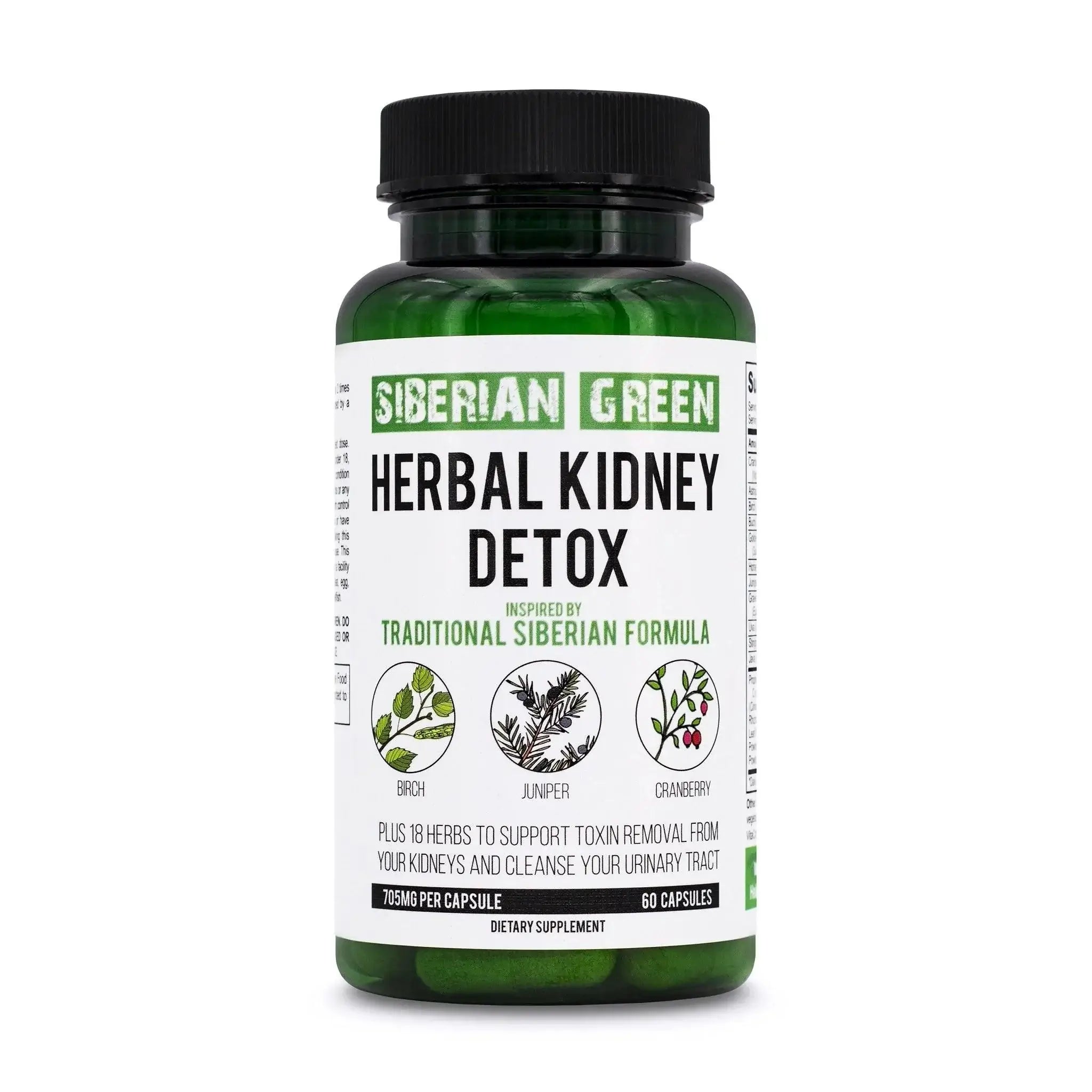 Siberian Green Herbal Kidney Detox capsules with cranberry, birch, and juniper, shown in a bottle with 60 capsules.