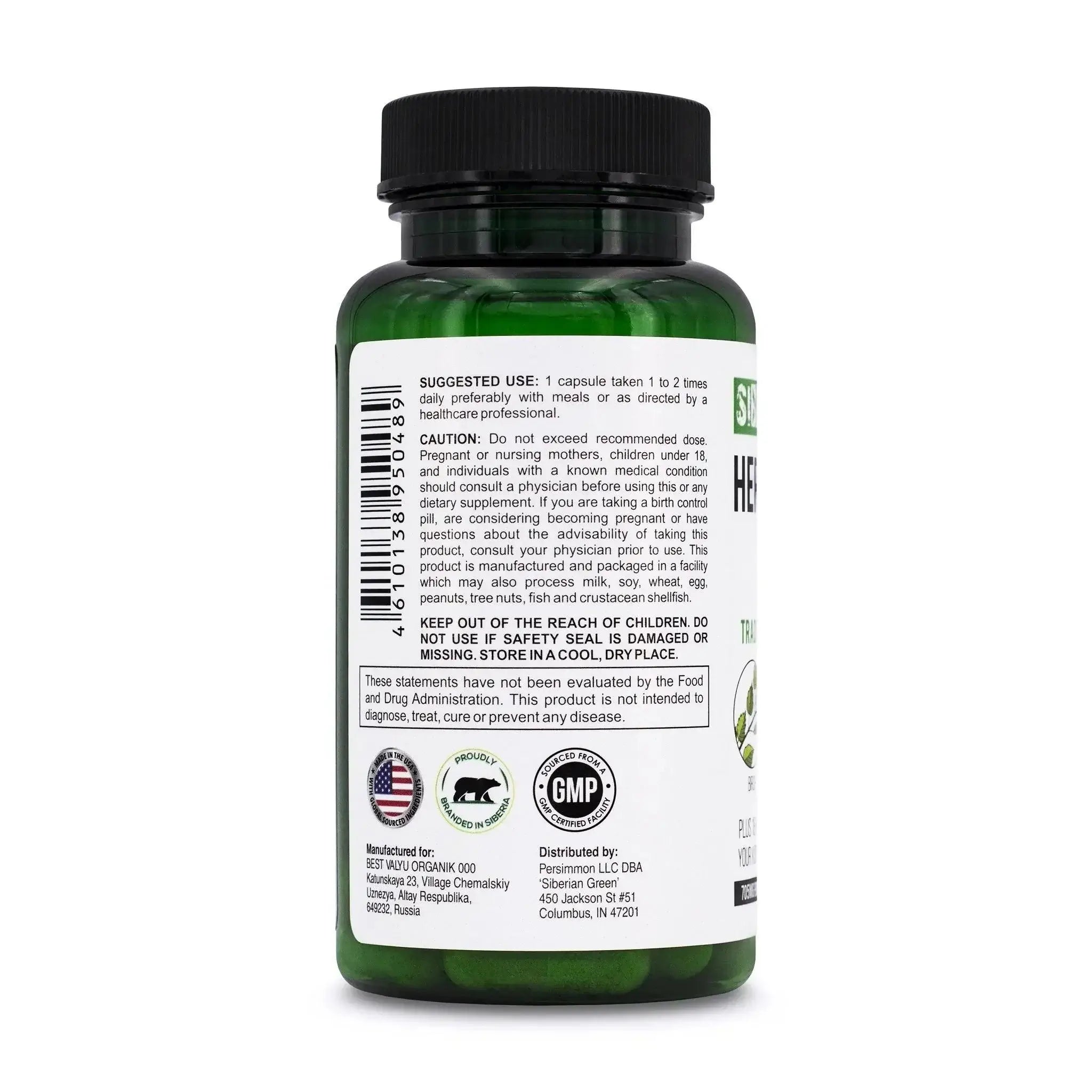 Siberian Green Herbal Kidney Detox capsules featuring cranberry, birch, and juniper herbs in a bottle of 60 capsules.