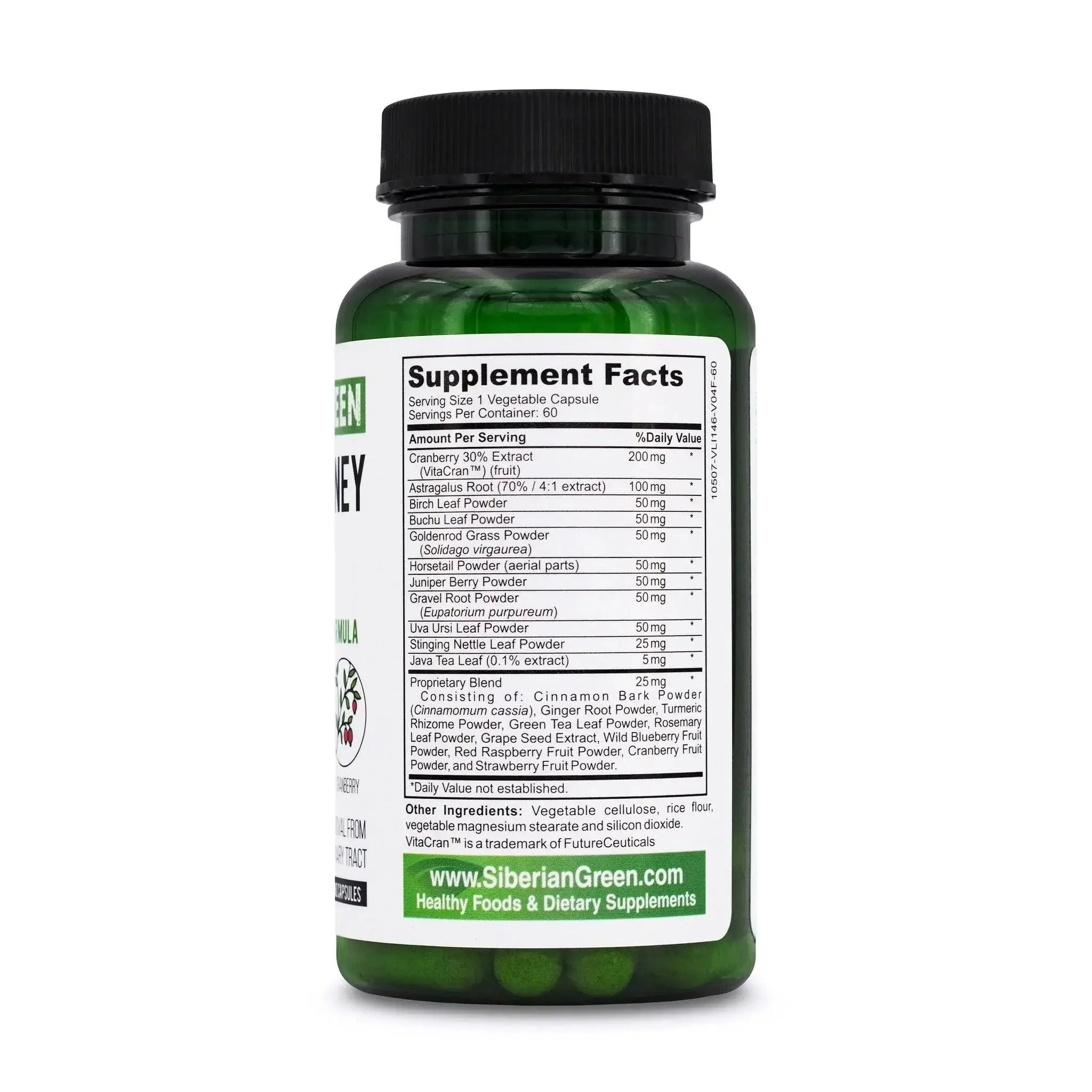 Siberian Green Herbal Kidney Detox capsules featuring cranberries, birch, and juniper in a bottle of 60 capsules.