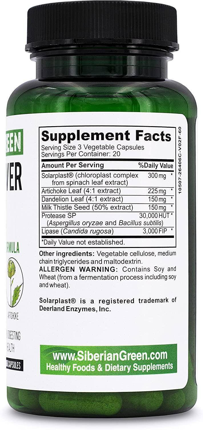 Siberian Green Herbal Liver Detox capsules with milk thistle, artichoke, and dandelion for liver cleanse and alkaline balance.