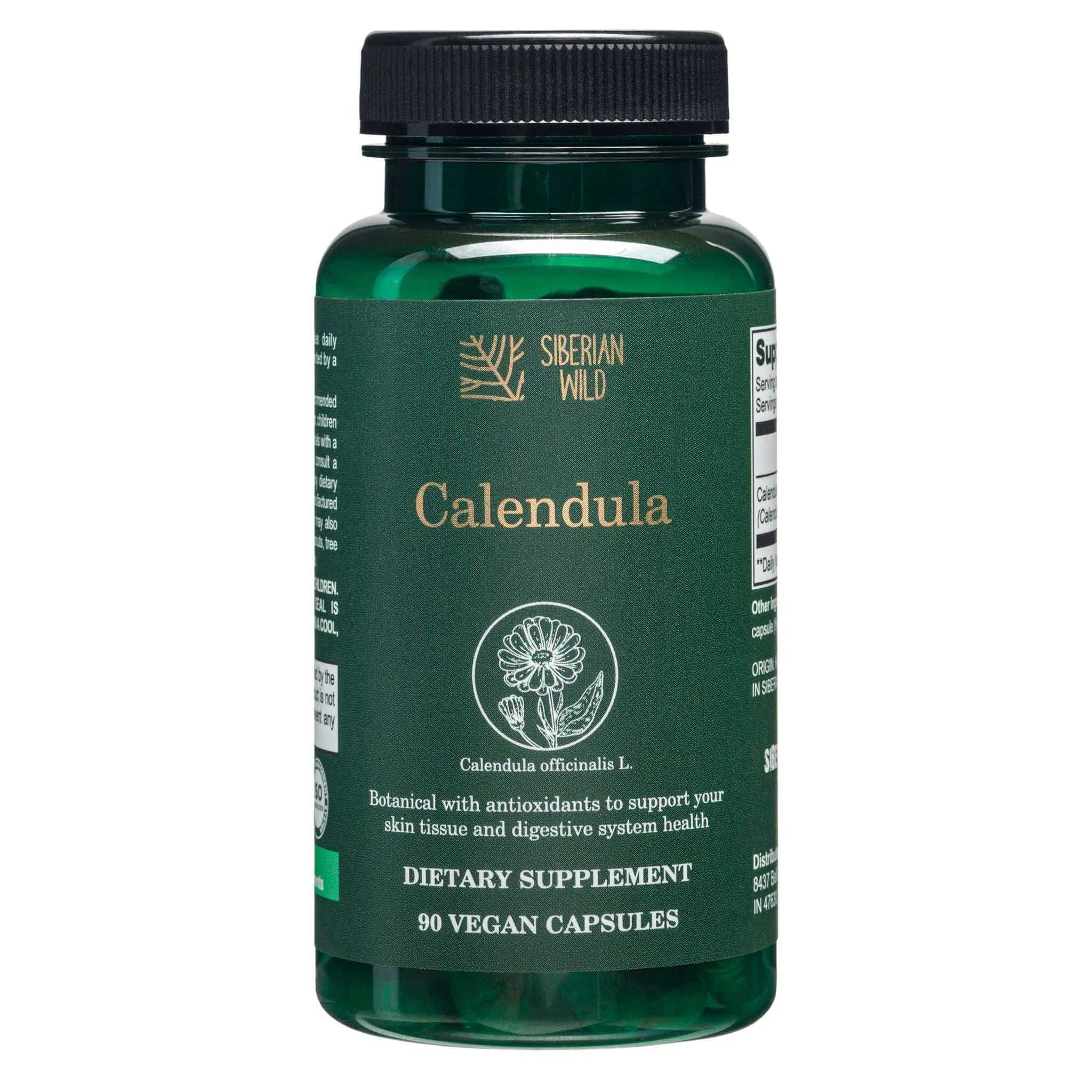 Siberian Green Siberian Wild Calendula Capsules, 1800mg, 90 vegan capsules in a bottle, with calendula flower illustration