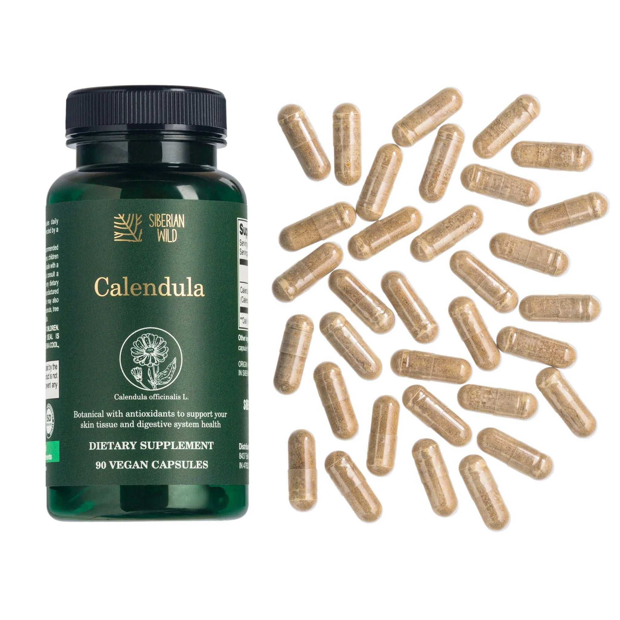 Siberian Green Wild Calendula Capsules in a bottle, showing 90 vegan capsules with herbal calendula ingredients.