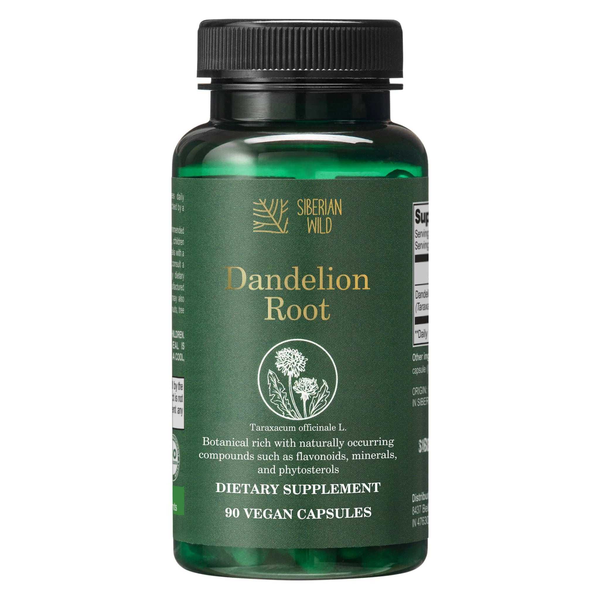 Siberian Green Siberian Wild Dandelion Root Capsules 1500mg, vegan supplement for liver support with dried dandelion root visible.