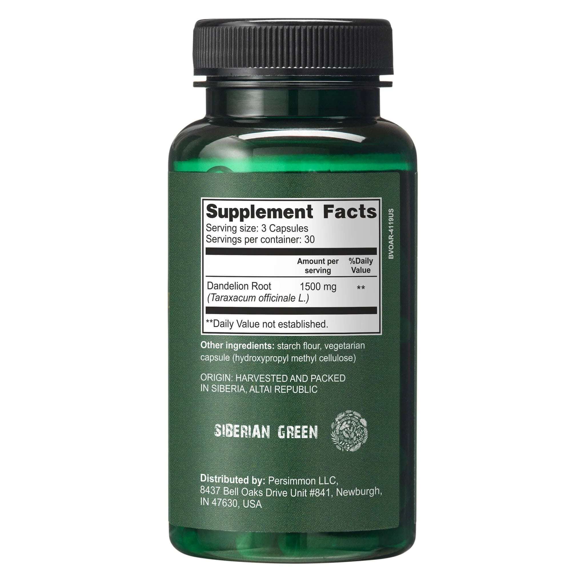 Siberian Green Siberian Wild Dandelion Root Capsules, 1500mg vegan supplement for liver support, in a bottle with capsules visible.