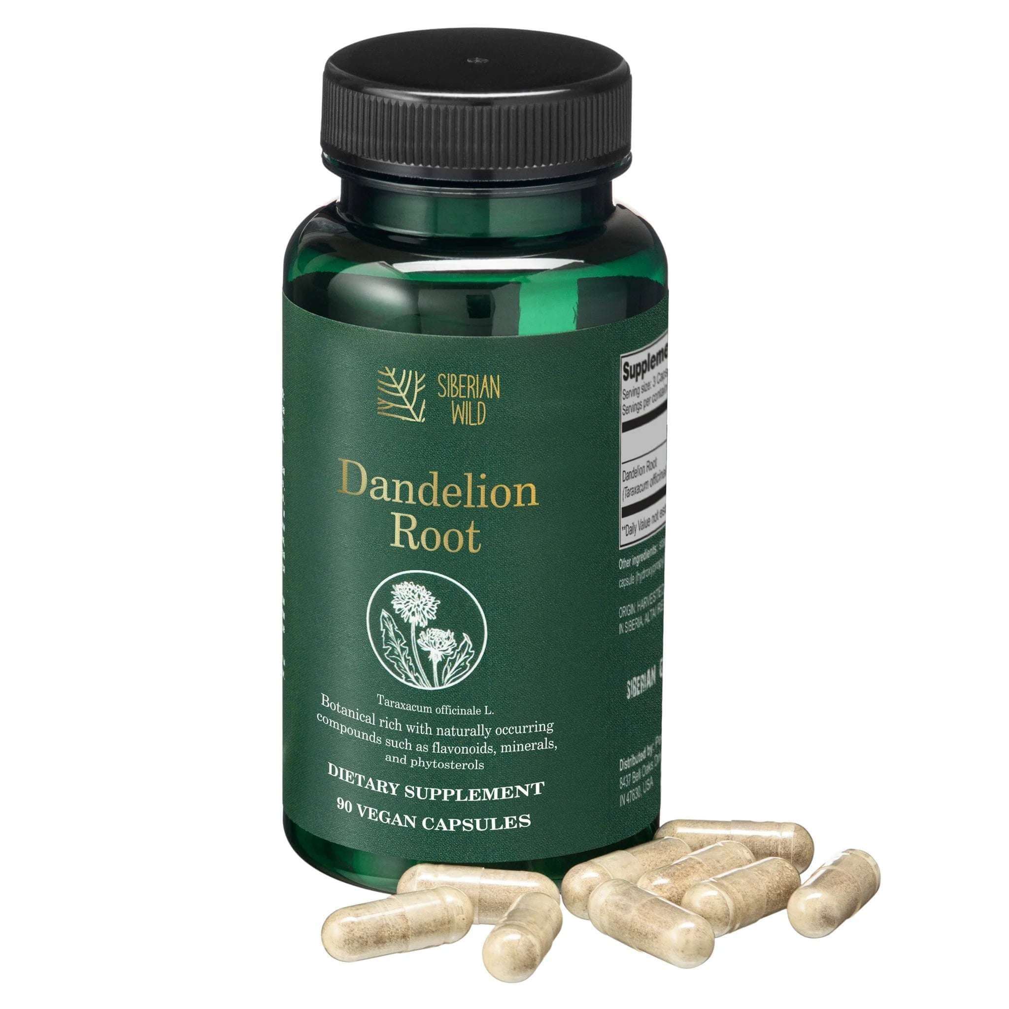 Siberian Green Siberian Wild Dandelion Root Capsules, 1500mg vegan liver support supplement in a clear bottle.