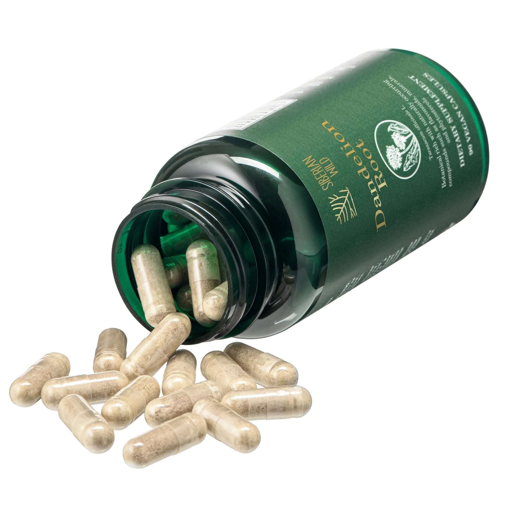 Siberian Green Siberian Wild Dandelion Root Capsules, 1500mg vegan supplement for liver support, shown in bottle with capsules inside.
