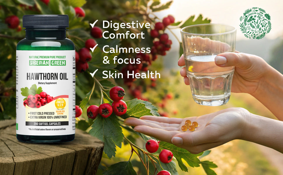 Siberian Green Hawthorn Seed Oil Capsules 200 Soft gels Wild Harvested - Alkaline World