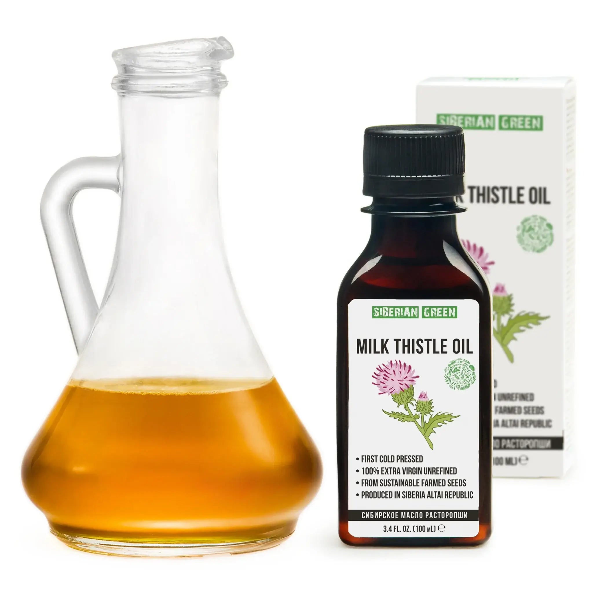 Siberian organic milk thistle oil in a bottle with a glass jar showcasing the rich golden oil.