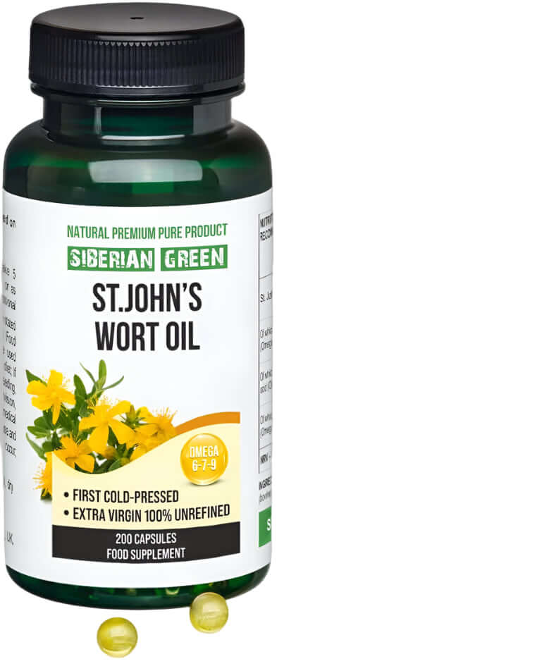 Siberian Green St.John's Wort Oil 200 Softgels Wild Harvested Cold Pressed Unrefined - Alkaline World