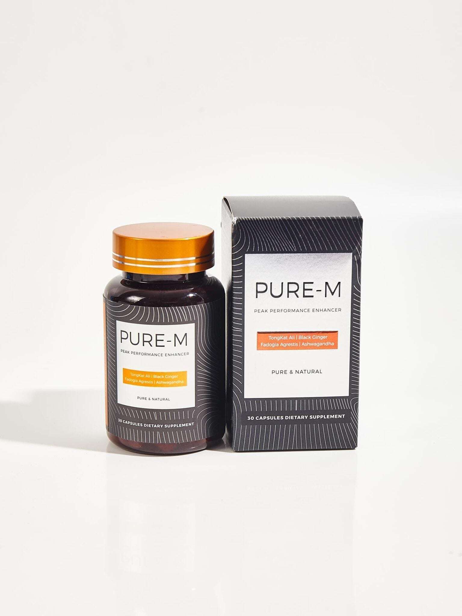 Therapeia Pure M Men’s Vitality multivitamin capsules in a bottle, designed to support men's overall health and energy levels.