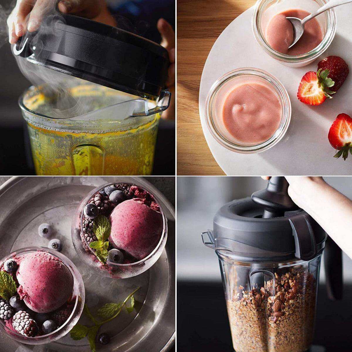 Vitamix Explorian E310 high-performance blender in black, showing the sleek kitchen appliance with a clear jar and control dial.