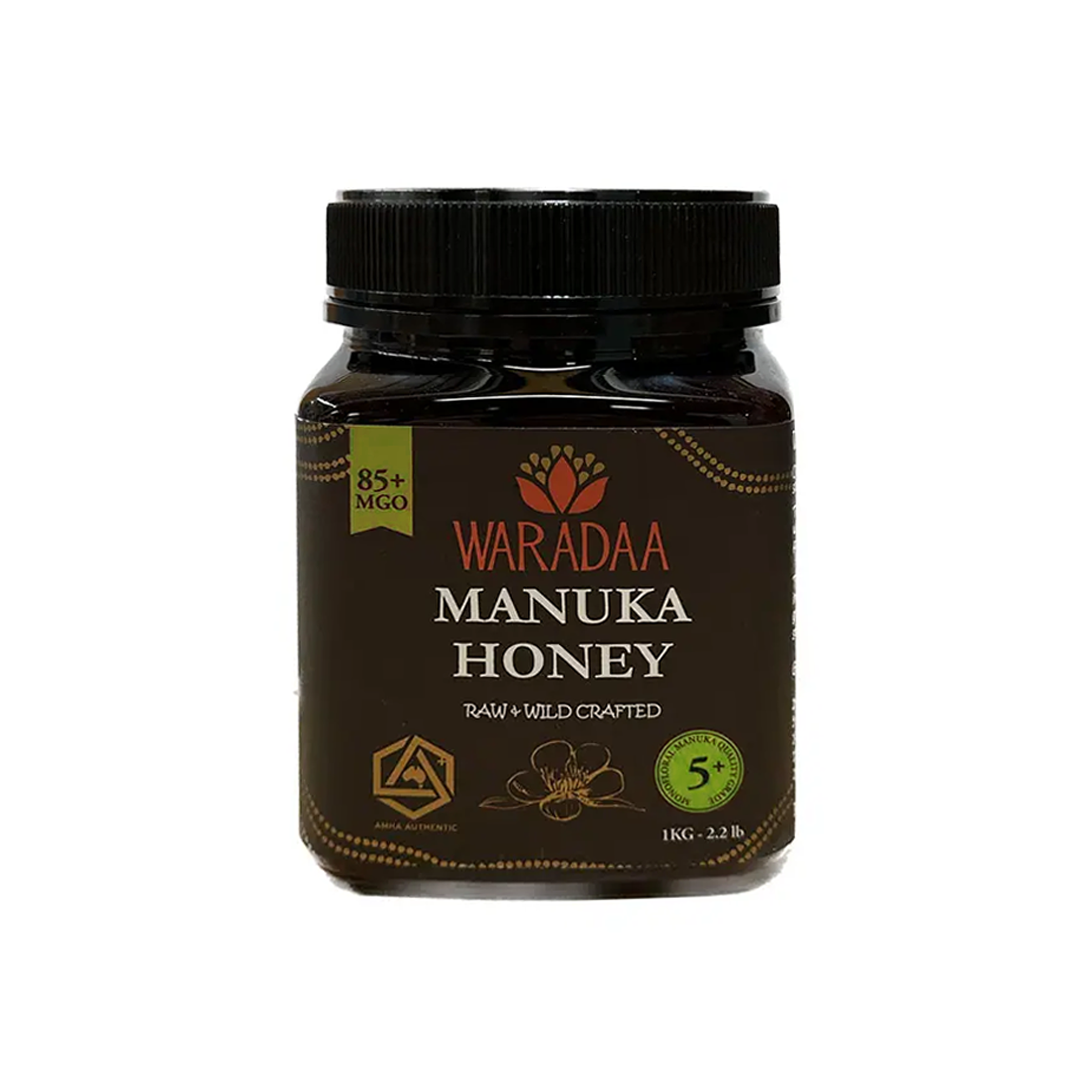Jar of WARADAA Australian Manuka Honey 85 MGO, 1kg, showcasing golden honey with a label featuring the WARADAA brand.