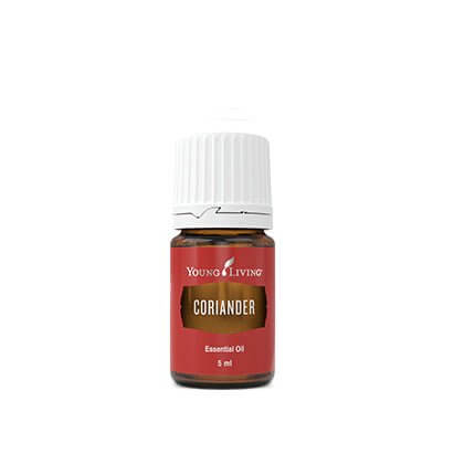 Young Living Coriander Essential Oil 5ml bottle with label, showcasing clear glass and vibrant label design.