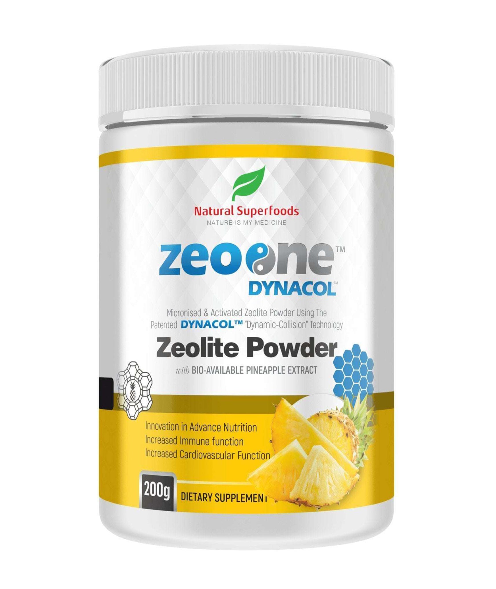 Natural Superfoods ZeoPine Pineapple Zeolite 200g, showing the mineral supplement in a clear, resealable package.