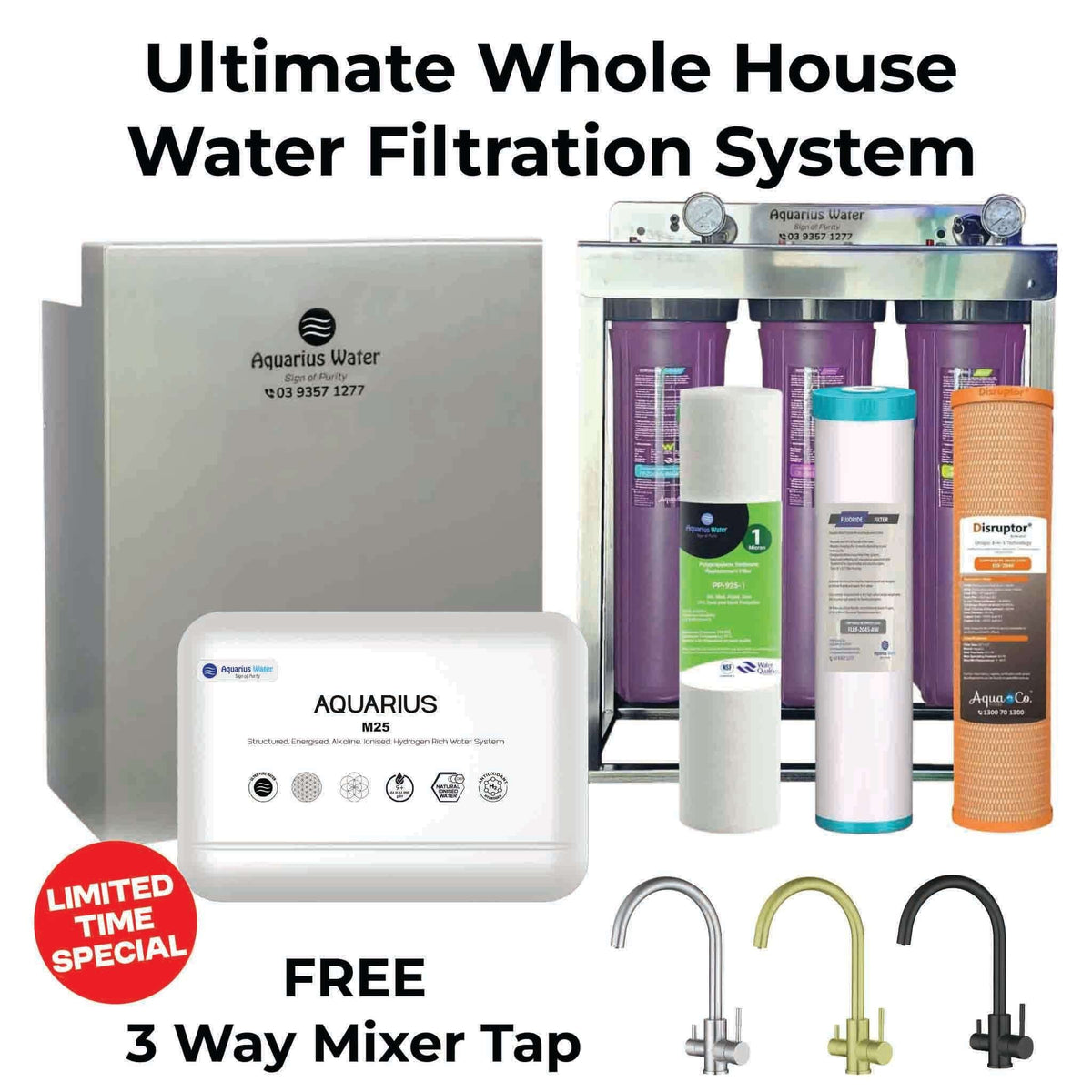 Aquarius Wellness Ultimate Whole House Water Filtration System installed in a home plumbing setup with filters and control valves