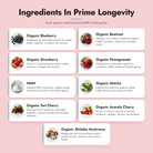 Vesuvio Prime Longevity Blend supplement package showing ingredients and label details for health and longevity support.