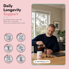 Vesuvio Prime Longevity Blend supplement package showing 100g jar with natural ingredients for daily vitality support.