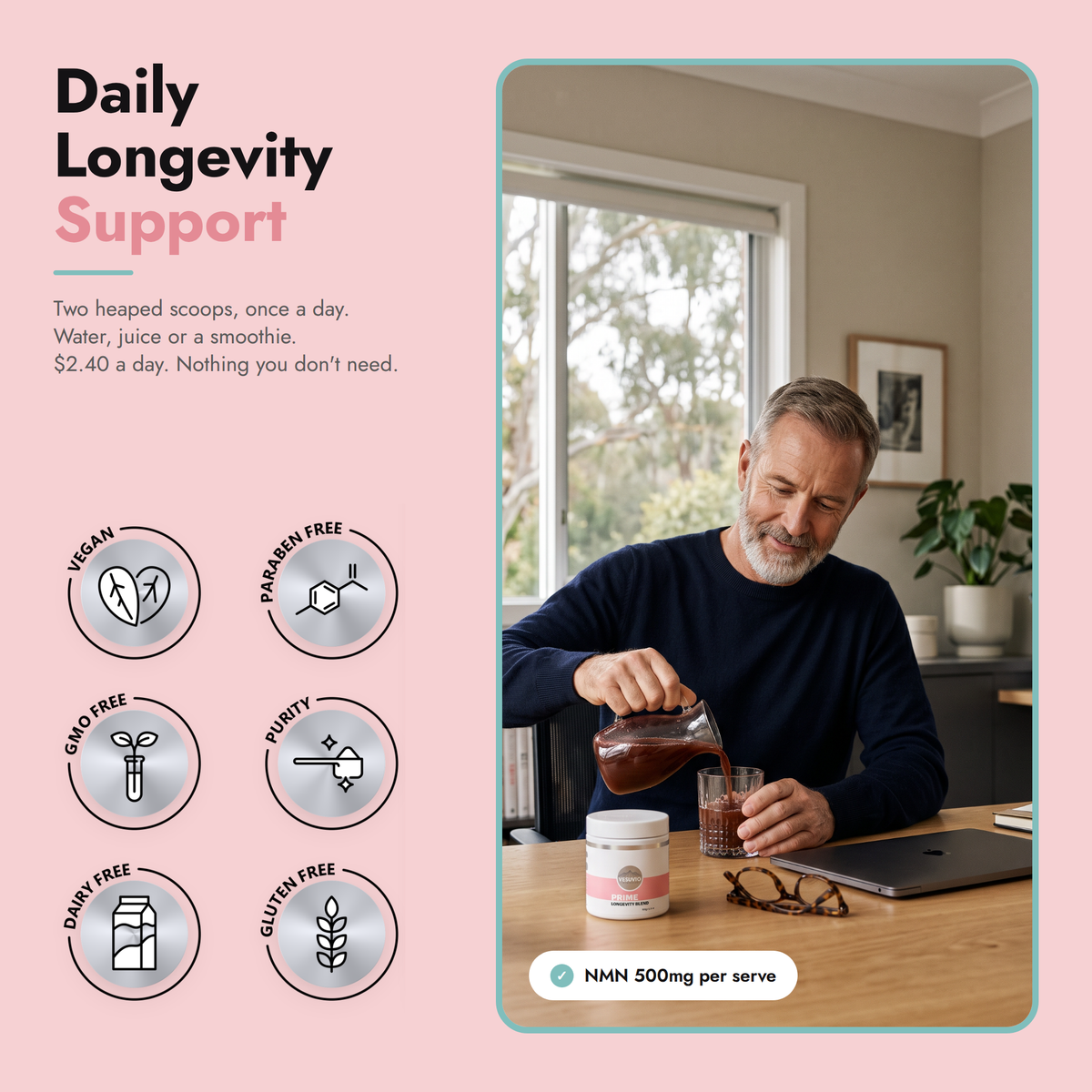 Vesuvio Prime Longevity Blend supplement package showing 100g jar with natural ingredients for daily vitality support.