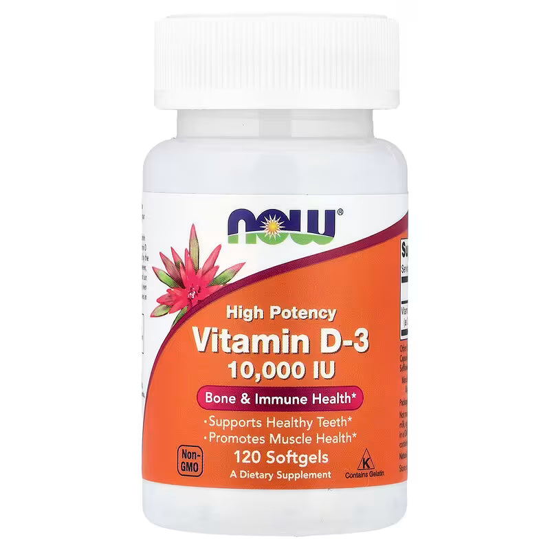 Bottle of NOW Foods Vitamin D3 10,000 IU softgels with label, displayed upright on a neutral background.