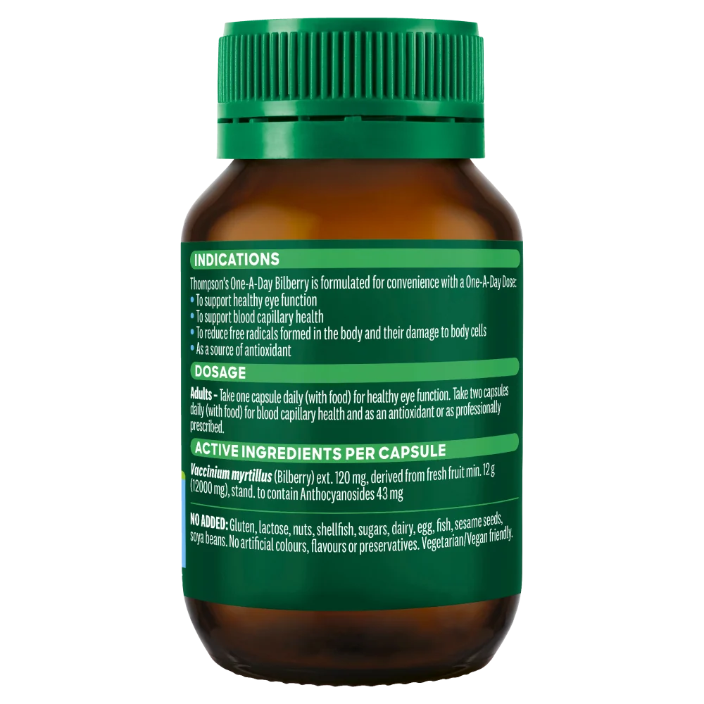 Alkaline World Thompson’s One-A-Day Bilberry 12000 capsules in a bottle, showing the supplement label and capsules inside.