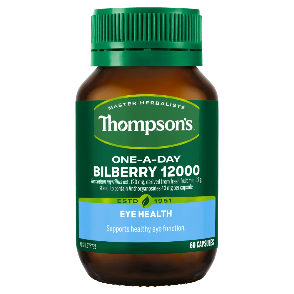 Alkaline World Thompson’s One-A-Day Bilberry 12000 capsules bottle with 60 capsules in clear container