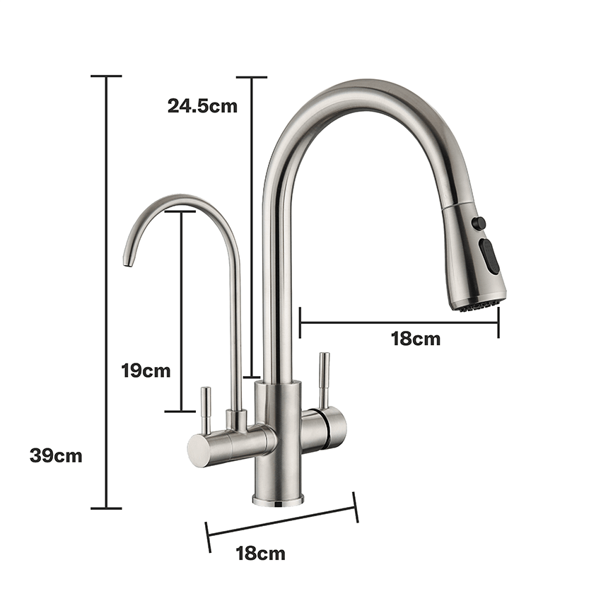3 Way Mixer Tap with Dual Spout & Pull Out Spray Black - Alkaline World