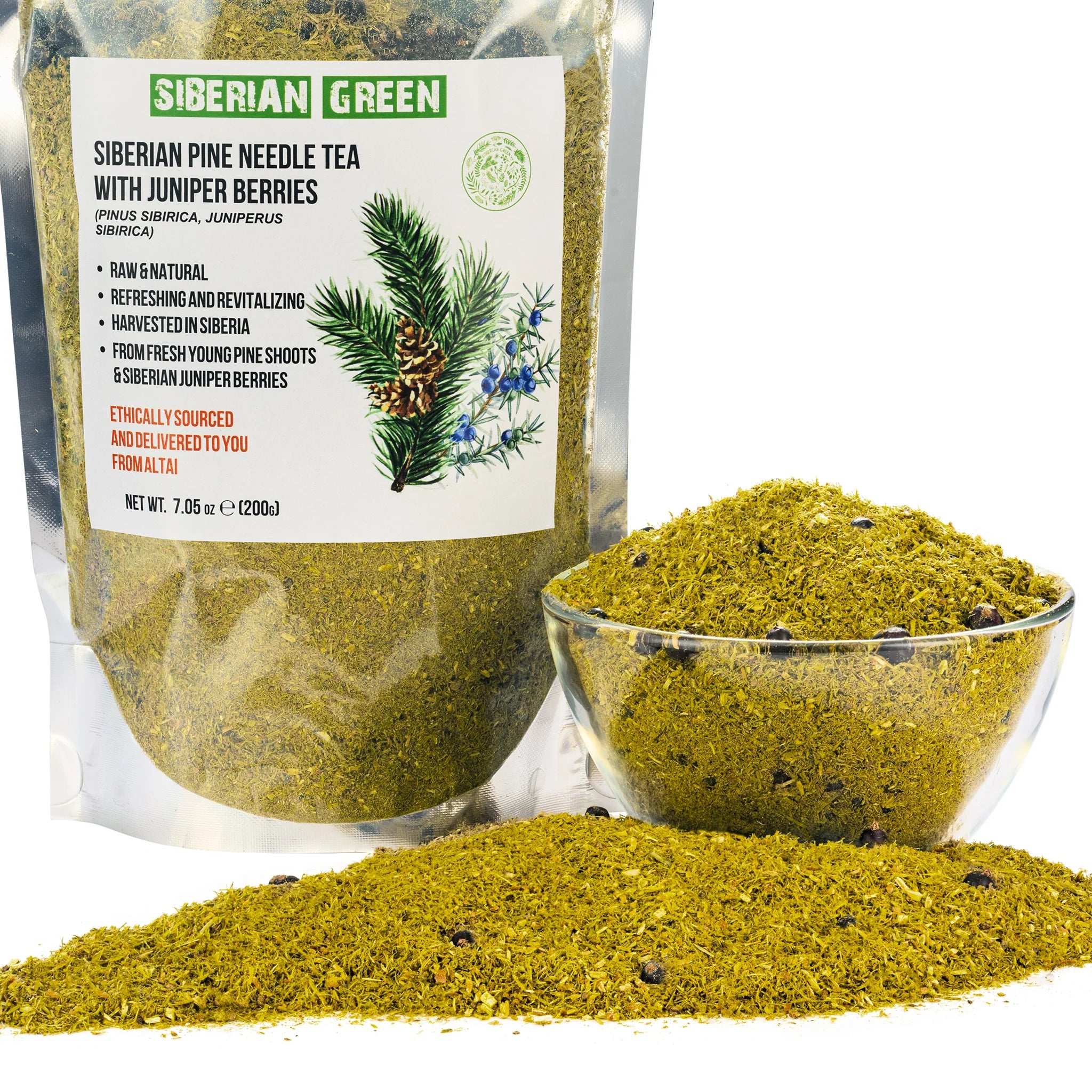 Siberian Pine Needle Tea Powder with Juniper Berries – 200g | Wild-Harvested Herbal Wellness Mix