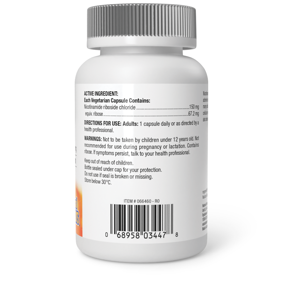 Natural Factors Nicotinamide Riboside NAD+ supplement bottle, 150mg, with label and product details visible in the image.