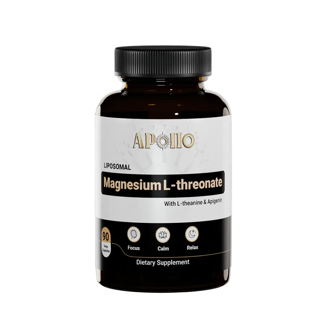 3D render of Apollo Nutraceuticals Liposomal Magnesium L-Threonate capsules, a magnesium supplement in a bottle with 90 capsules.