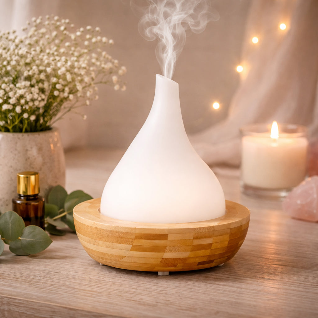 SaltCo Aryya Aromatherapy Ultrasonic Bamboo Diffuser in teardrop shape, showcasing its sleek bamboo design and ultrasonic diffuser features.