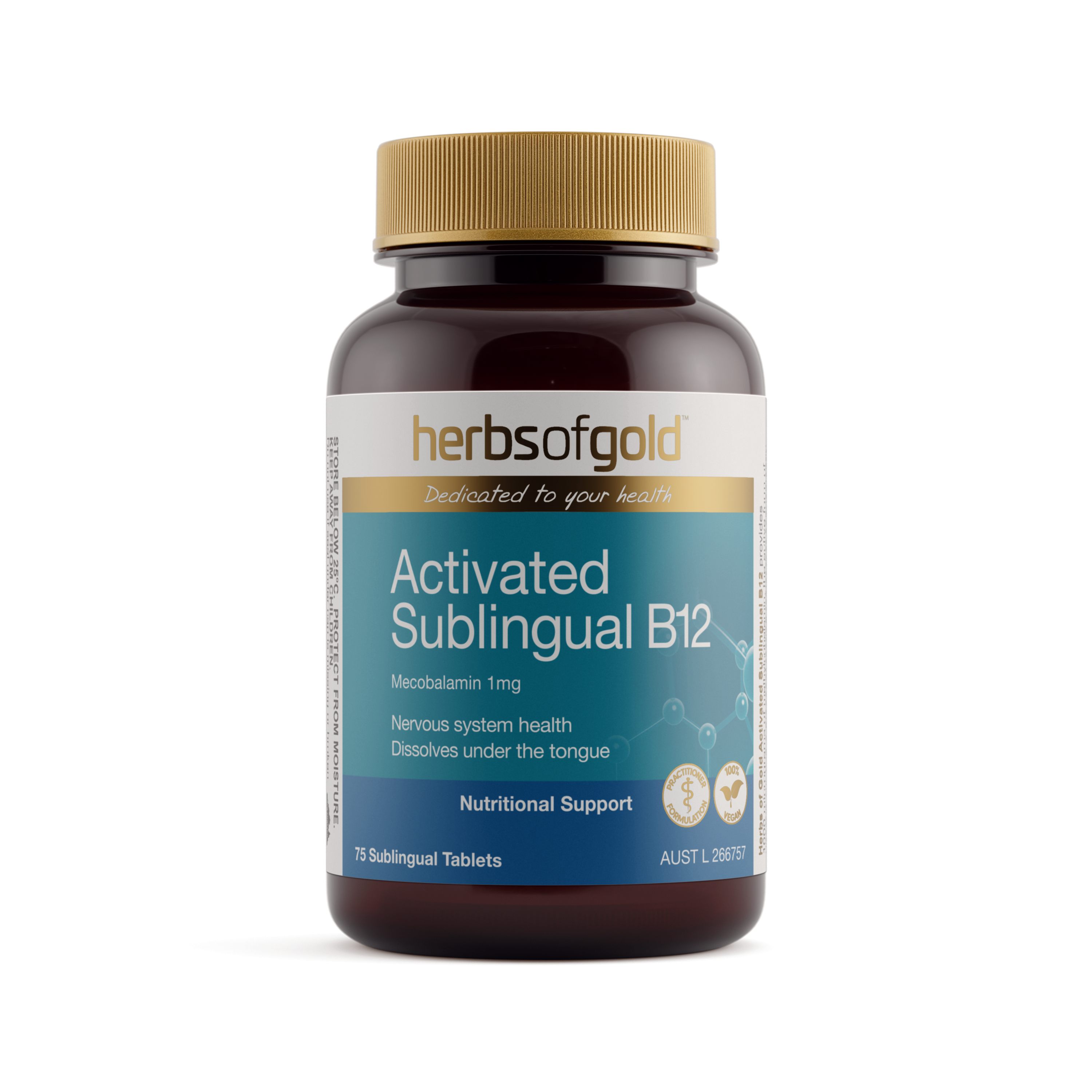 Herbs of Gold Activated Sublingual B12 75 tablets bottle