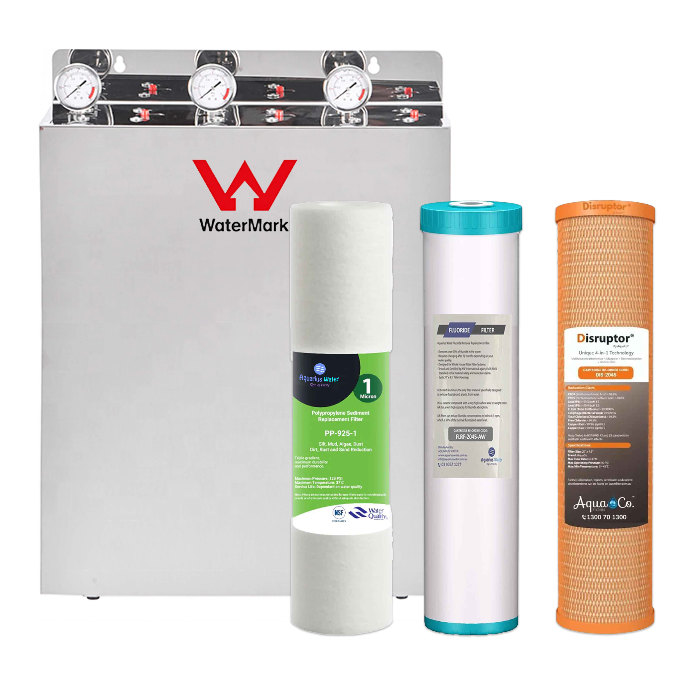 Aquarius Whole House Triple System with stainless steel cover, 20-inch by 4.5-inch water filtration system for comprehensive home water treatment.
