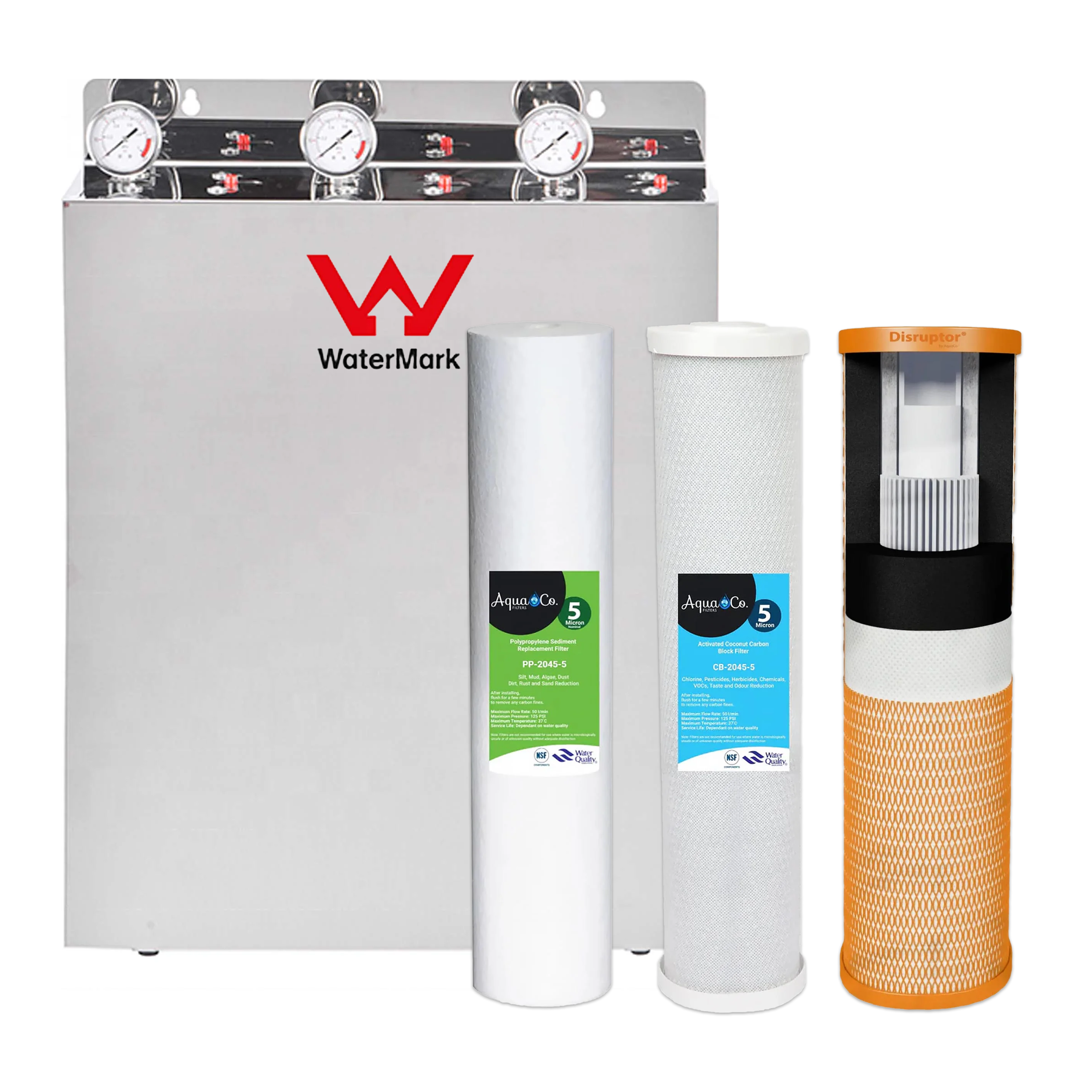 Aquarius Whole House Triple System filter with stainless steel cover, 20x4.5 inches for water purification in residential systems