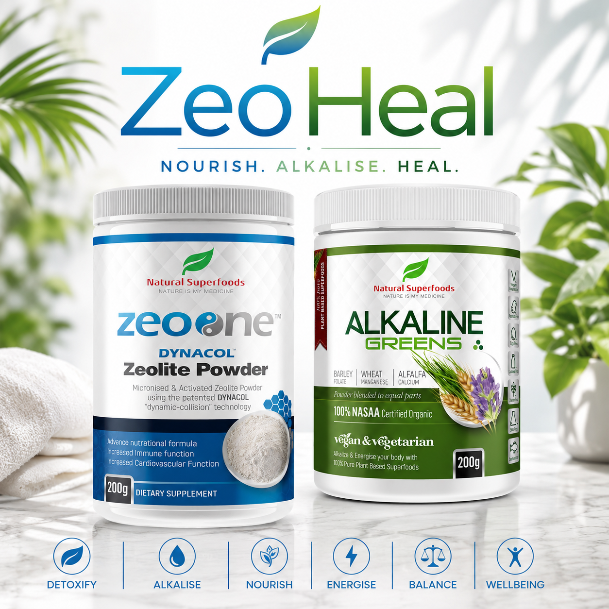 Natural Superfoods ZeoHeal Pack with zeolite and greens, showcasing vibrant green powder and supplement packaging.