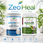 Natural Superfoods ZeoHeal Pack with zeolite and greens, showcasing vibrant green powder and supplement packaging.
