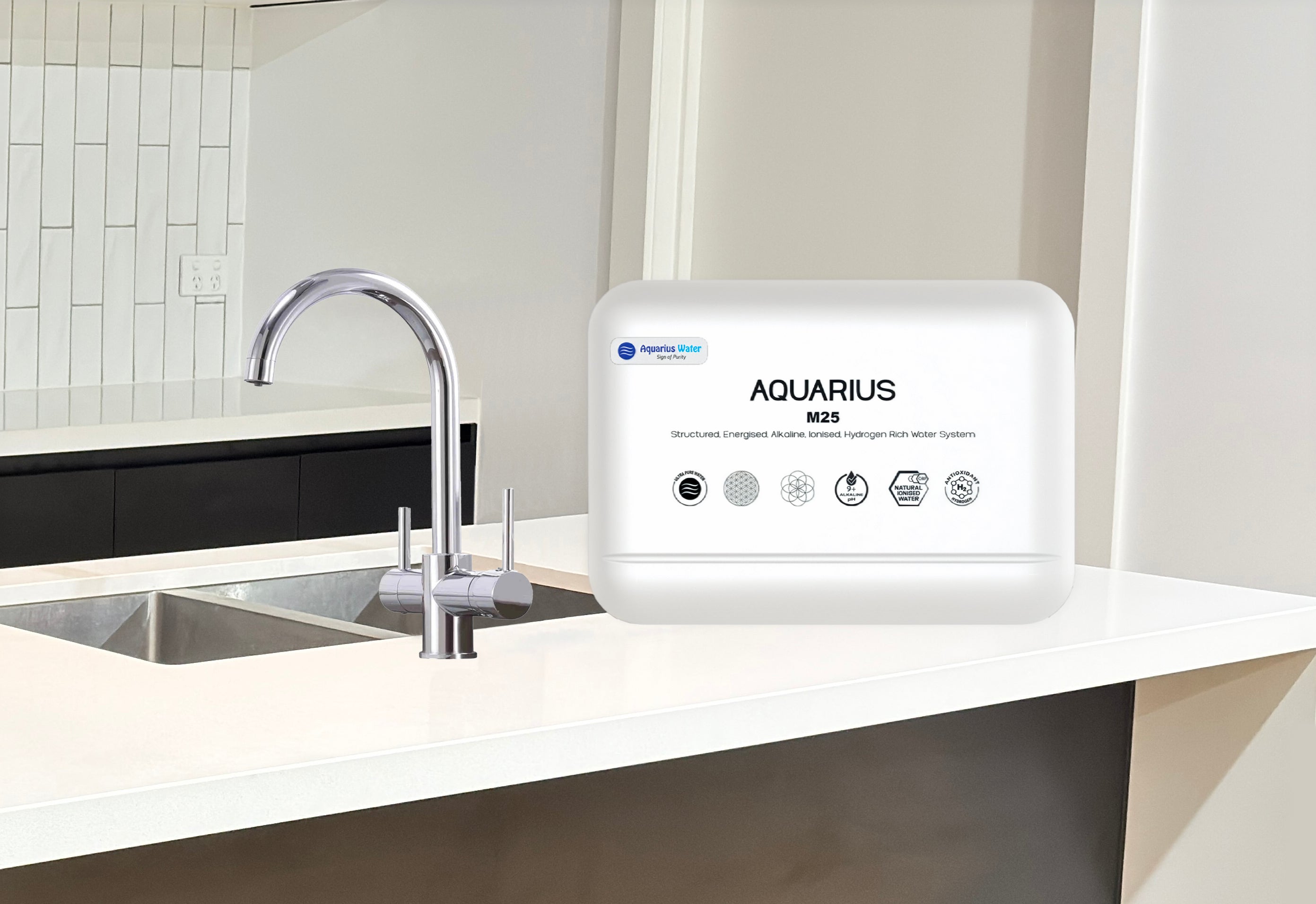 Chrome Aquarius M25 hydration system with 3-way tap, featuring a durable water tap and sleek design for easy water access.