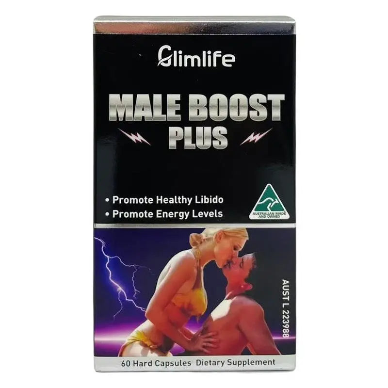 Glimlife Male Boost supplement bottle with label, featuring the Glimlife brand logo and product name, on a plain background.