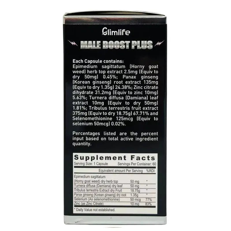 Glimlife Male Boost Plus supplement bottle with label, featuring a blue and white design and the Glimlife logo on the packaging.