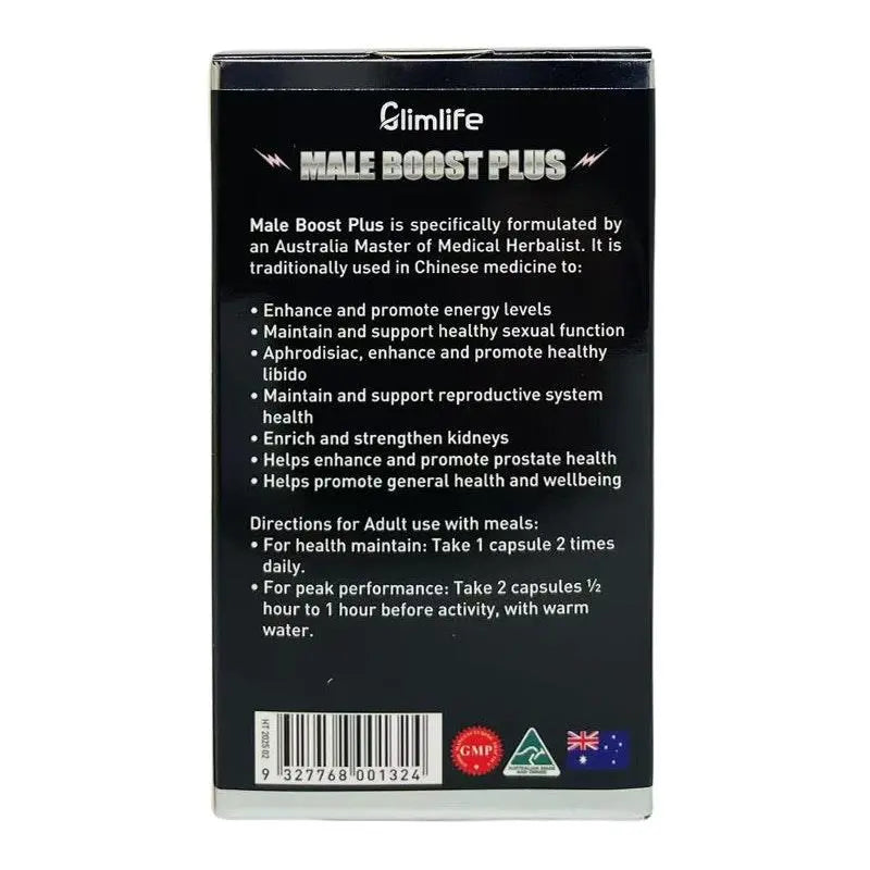 Glimlife Male Boost Plus 60 capsules, dietary supplement for male vitality, in a white bottle with blue label.