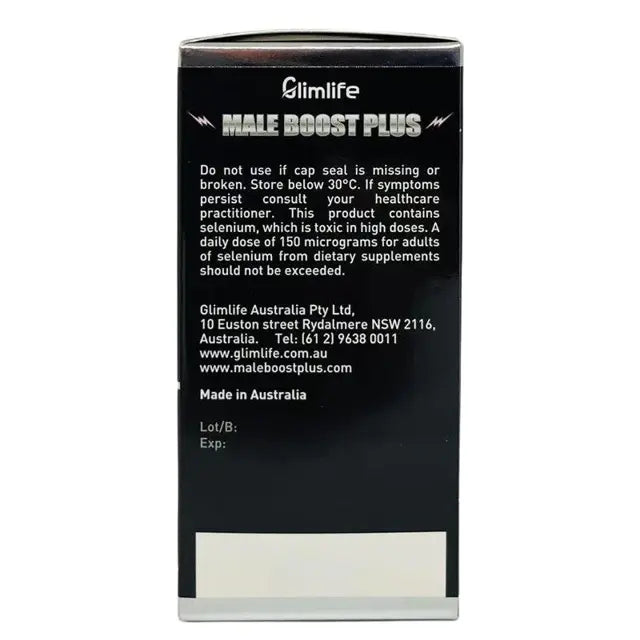 Glimlife Male Boost supplement box with 60 capsules, featuring the Glimlife brand logo and packaging design.