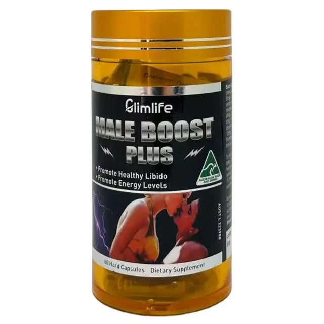 Glimlife Male Boost Plus supplement bottle with 60 capsules, featuring the Glimlife brand label and product packaging design.