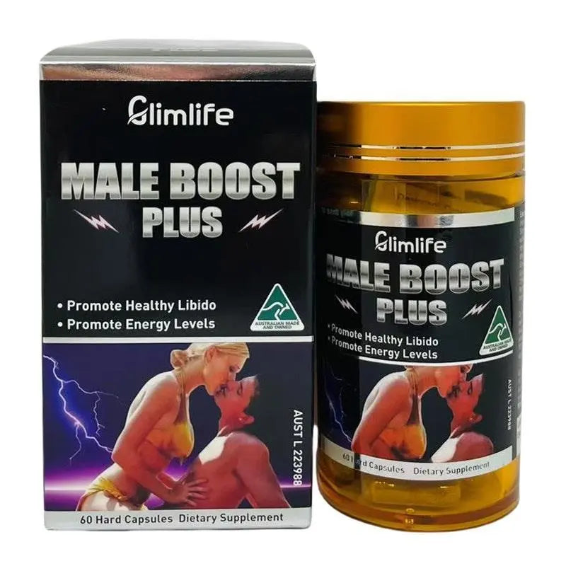 Glimlife Male Boost Plus 60C, dietary supplement in blister pack, designed to support male vitality and energy levels.
