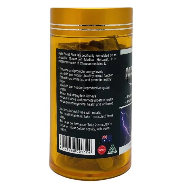 Glimlife Male Boost plus supplement bottle with label, featuring capsules and health benefits description on the packaging.