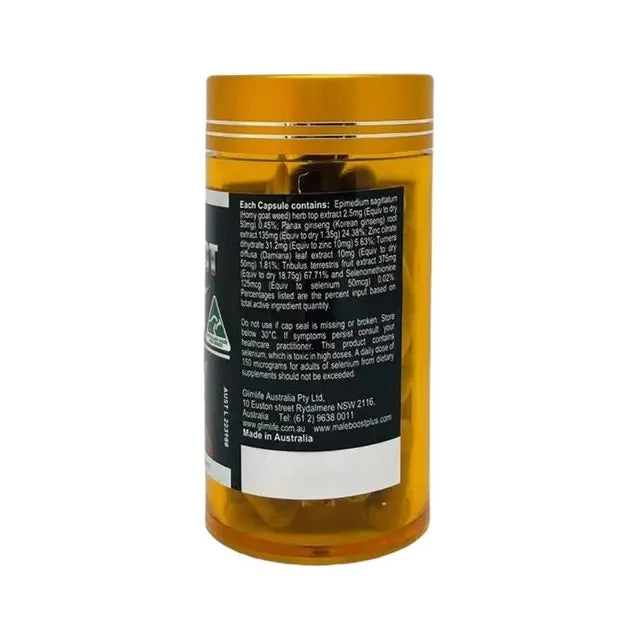 Glimlife Male Boost supplement bottle with label, showing the Glimlife brand and product name, on a plain background.