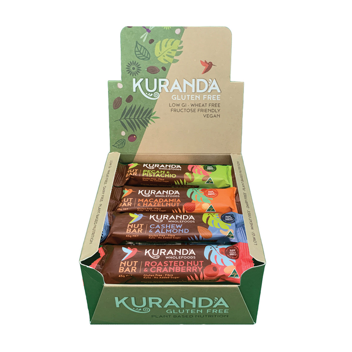 Kuranda Wholefoods gluten-free mixed nut snack bars, 45g each, displayed in a pack of 16, showing colorful nut and seed ingredients