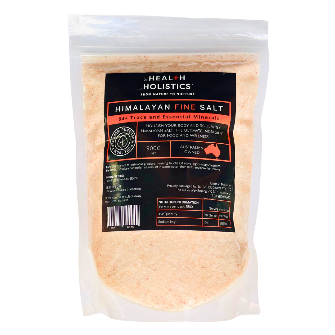 Himalayan Fine Salt 900g from SaltCo, showing pink Himalayan salt crystals in a clear container.
