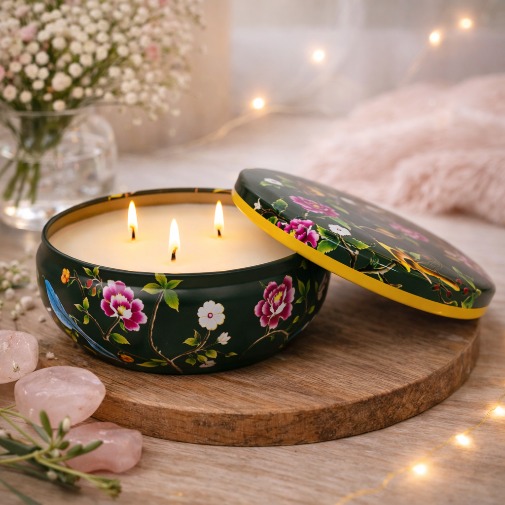 Large floral botanic triple wick candle by GUERLAIN in a 330g tin, featuring elegant floral design and warm candlelight ambiance.