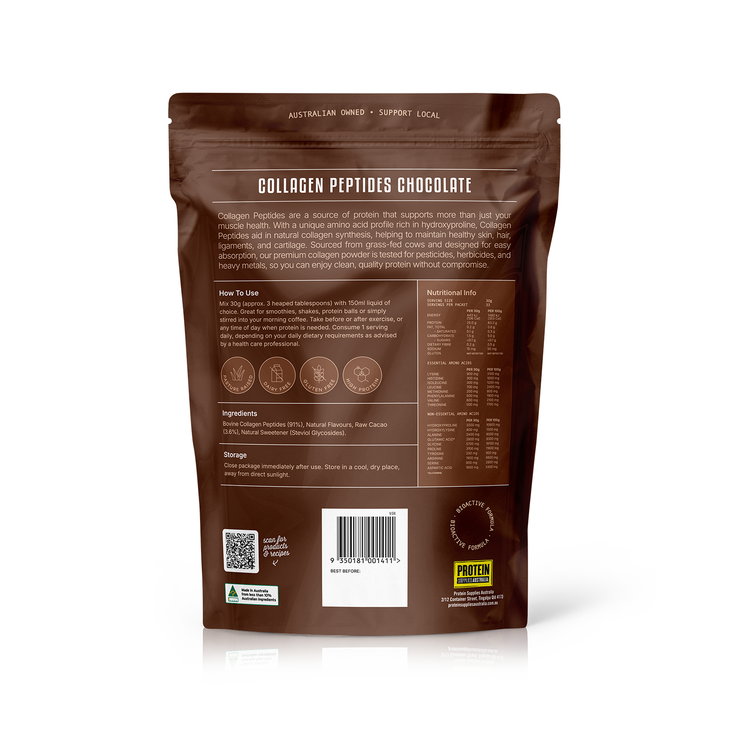 PSA Collagen Peptides Chocolate back of pouch nutrition panel