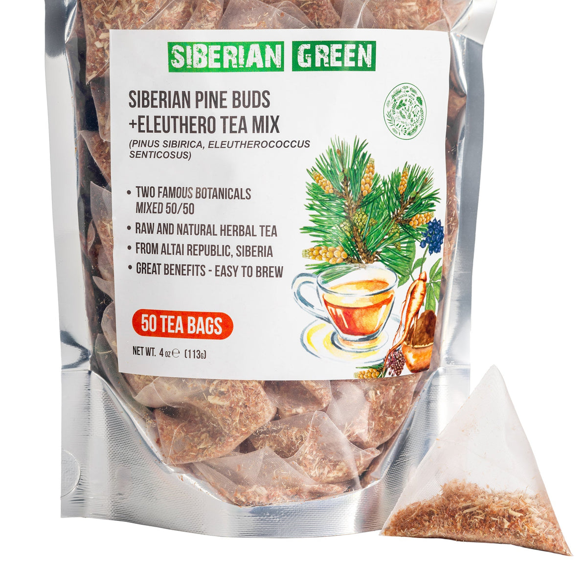 Siberian Eleuthero Root and Pine Buds Tea, 50 herbal tea bags, wild-harvested Siberian blend
